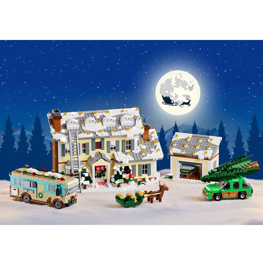 Christmas Holiday Home – Snowy Winter House with Lights, Buses & Sleds Klemmbausteine - LesDiy - Klemmbausteine